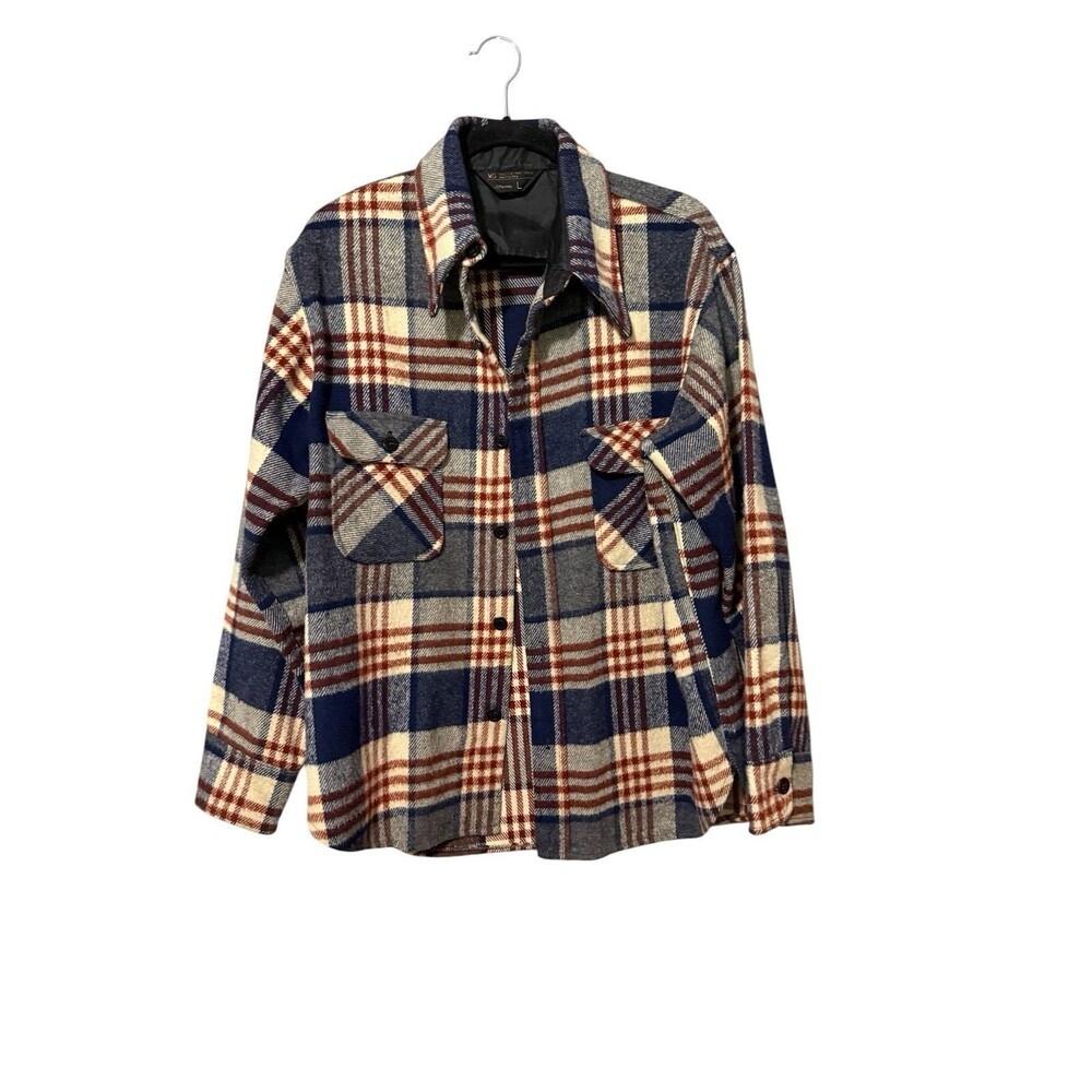 Vintage JCPenney L Plaid Shirt Jacket Blue Brown Flap Pocket Overshirt Chore